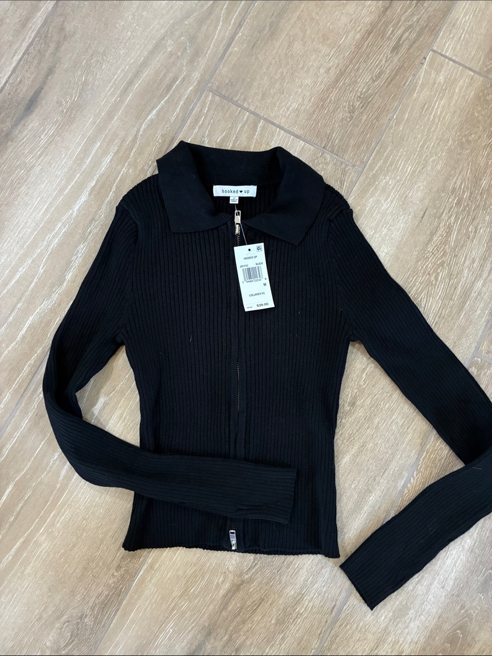 Hooked Up by IOT Black Ribbed Zip-Front Collared Sweater